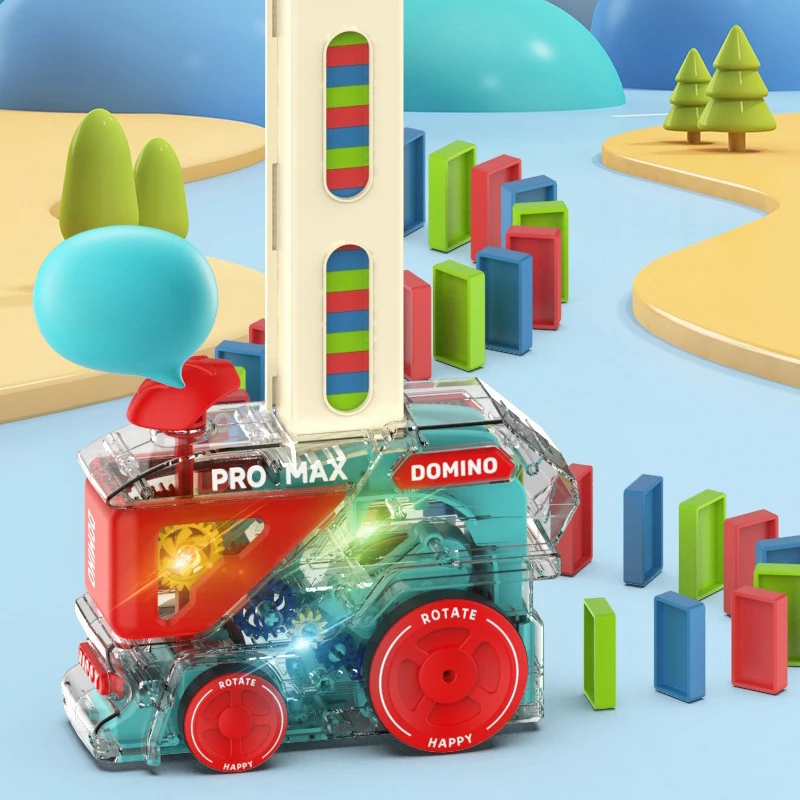 Automático deitado dominó trem para crianças, carro elétrico puzzle, inteligência DIY, colorido dominó set, brinquedos educativos, jogo presente