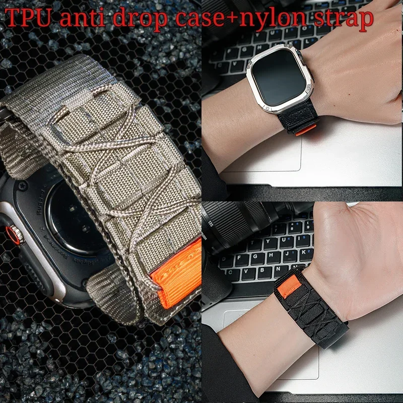 Tactical nylon strap suitable for Apple Watch Ultra 2 strap 49mm 44 TPU anti drop case suitable for Iwatch Series 9 8 7 6 SE 5 4