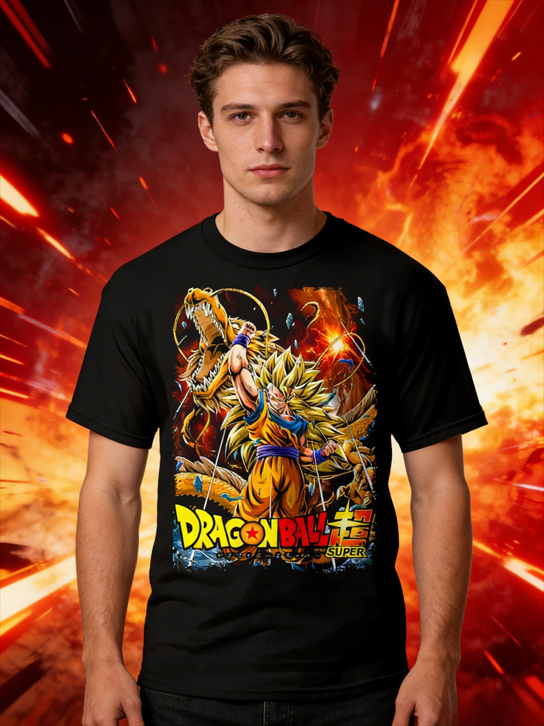 Camiseta Vintage de Anime Dragon Ball Verano 2026 para Hombre, Algodón Puro, Holgada, Informal, Goku Super Saiyan 3 y Shenron, para Uso Diario y Deportivo