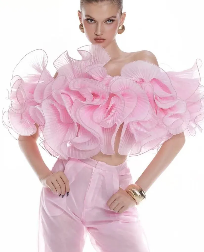 Set Wanita Couture 2 Potong Atasan dan Celana Longgar Gaun Pesta Wanita Blush Pink Ruffle Set Wanita Off Shoulder Maxi Gowns Custom