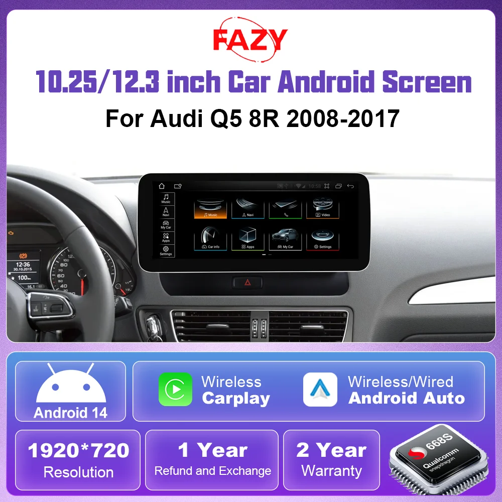 Android 14 Autoradio für Audi Q5 8R 2008-2017 Kabelloses CarPlay GPS-Navigation 4G Stereo WiFi BT Touchscreen Android Auto SIM