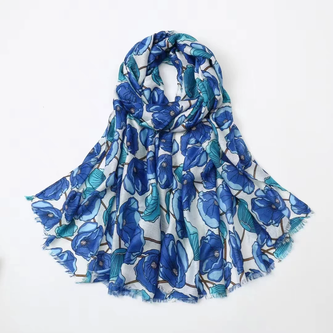 2024 New Big Poppy Print Fringe Scarf Shawls Beautiful Luxury Floral Beach Foulard Scarves Hijab Wrap 6 Color