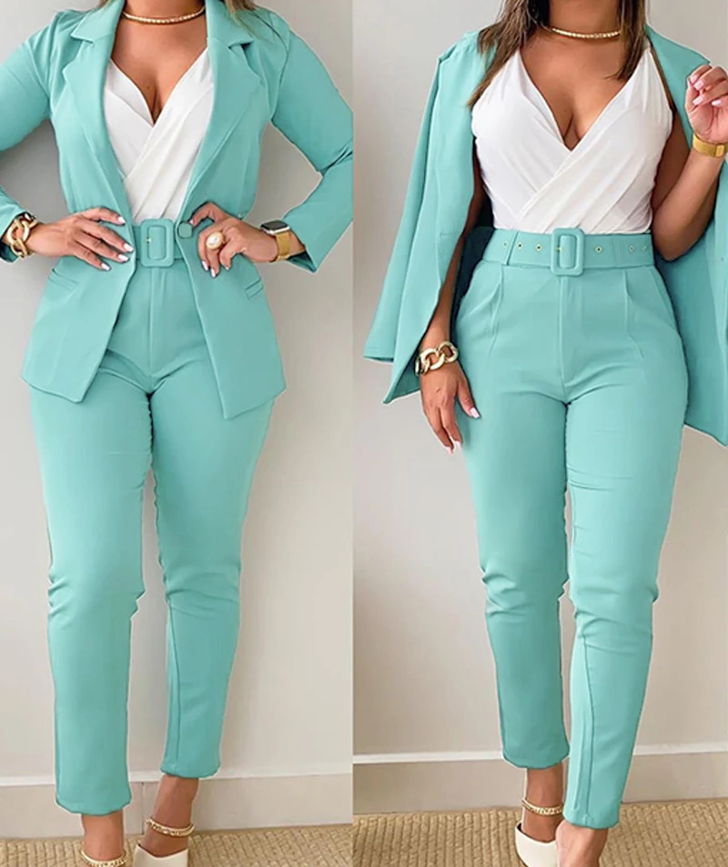 

Blazer and Pants Two Piece Set Office Suit for Women 2023 Casual Solid Turn-down Collar Buttoned Coat & Belted Trousers Outfit