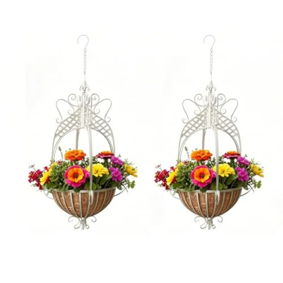 

Outdoor indoor large hanging planter set rustic metal white 12.6-inch farmhouse patio porch deck garden use