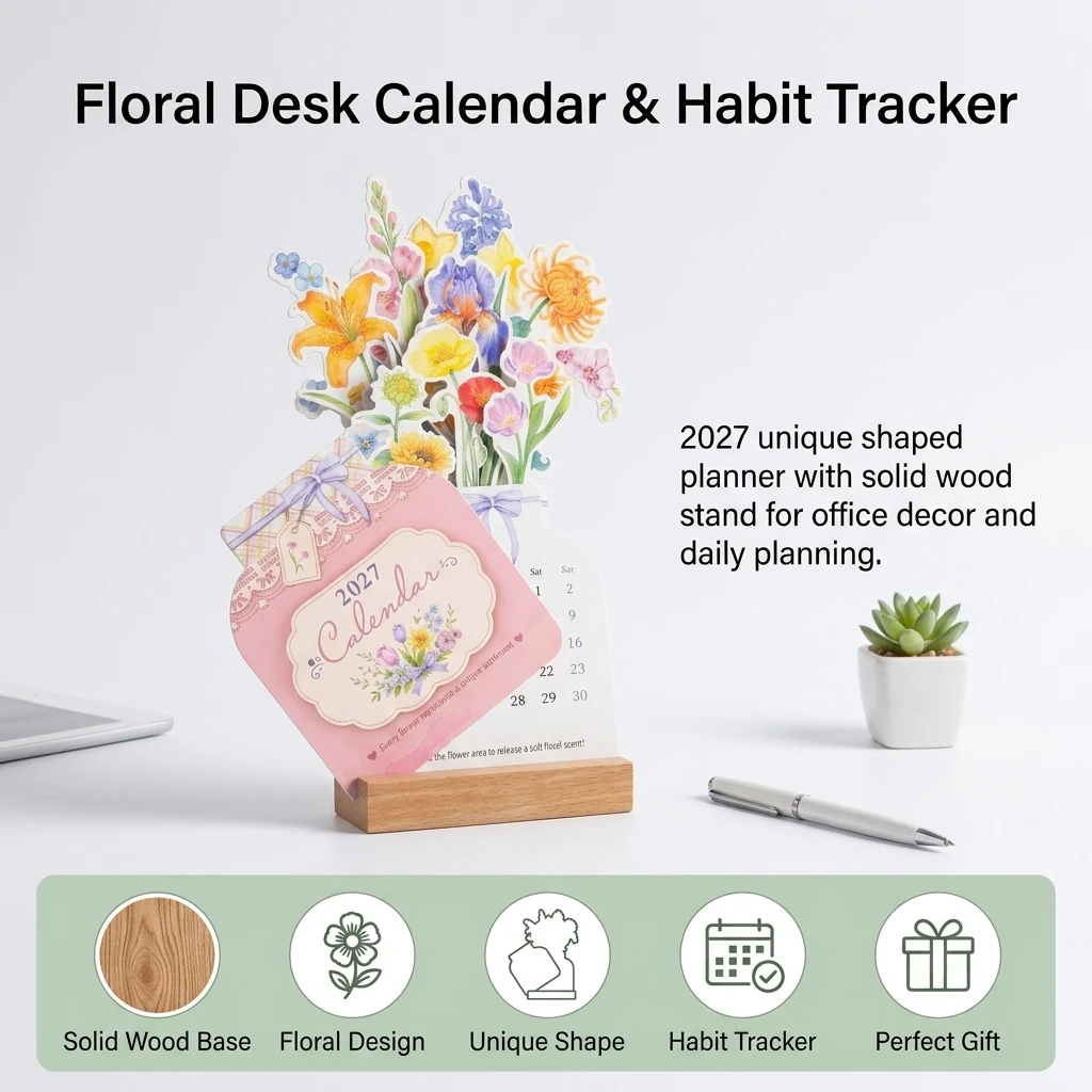 Desk Calendar Elegant Office Decor for Professionals 2027 Floral Planner Wood Stand Habit Tracker Business Gift Durable
