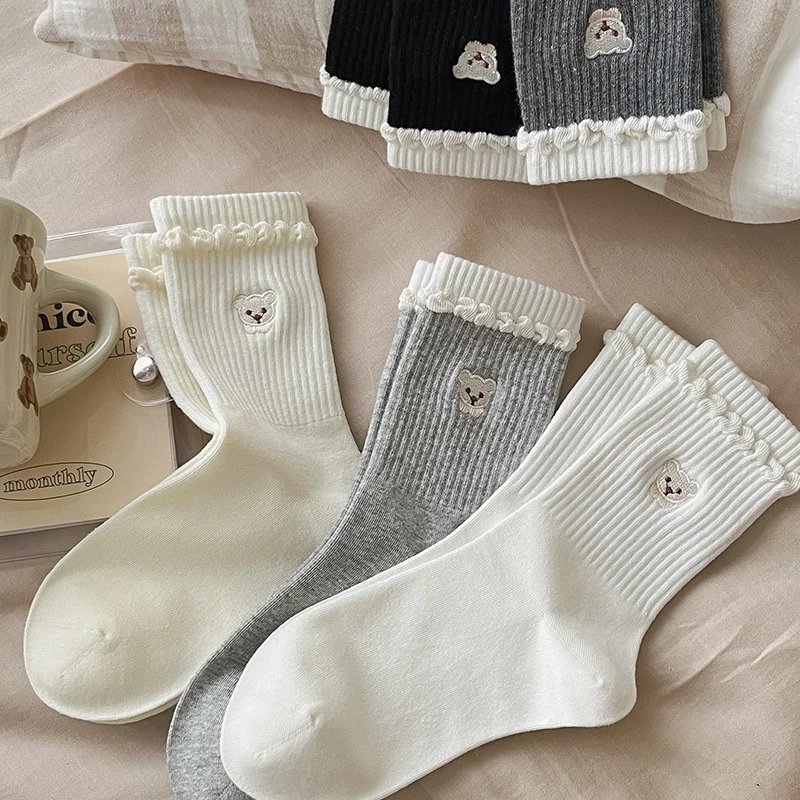 Japanese Lace Ribbed Women's Medium Tube Socks, Cute Bear Embroidered Solid Color Cotton Socks, Simple Ins Wind Stacking Socks