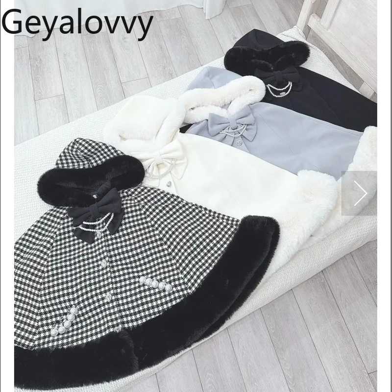 

Pure Original Japanese Style Elegant Fluffy Cape Coat Autumn Winter New Sweet Versatile Single-Breasted Hooded Cloak for Women