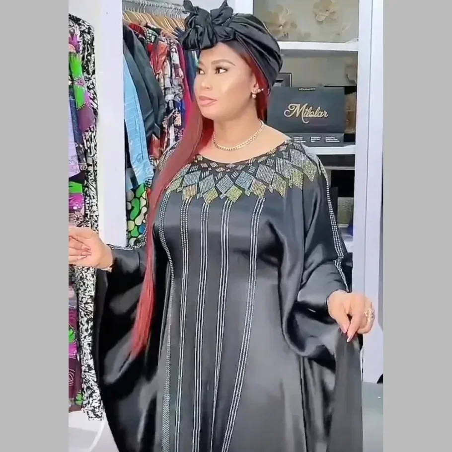 African moms fashion bat sleeve dress rayon fabric front and rear artificial stone Diamond Decoration + luxury headscarf