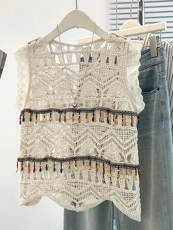 

Bohemian Style Hollow out Hook Flower Vest Women's Summer plus Size Fat MM Layering Youthful Sleeveless Cover up Top