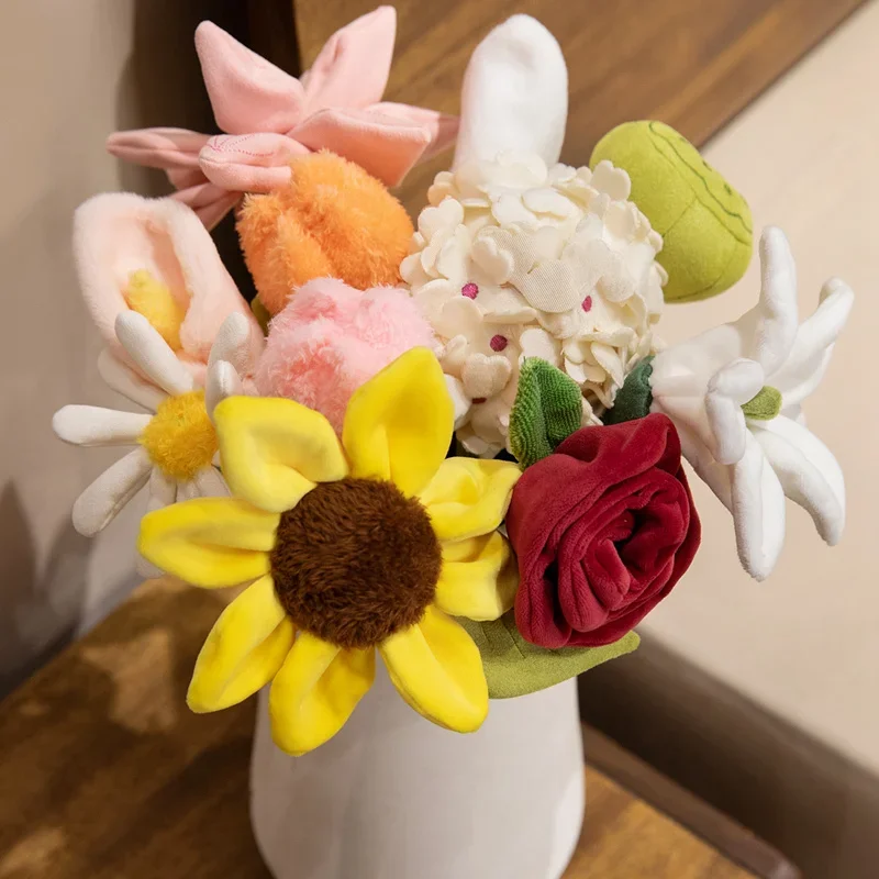 Bendable Plush Flower Bouquet Soft Stuffed Tulip Rose Sunflower Daisy Cute Flower for Valentine's Day Gift Home Wedding Decor