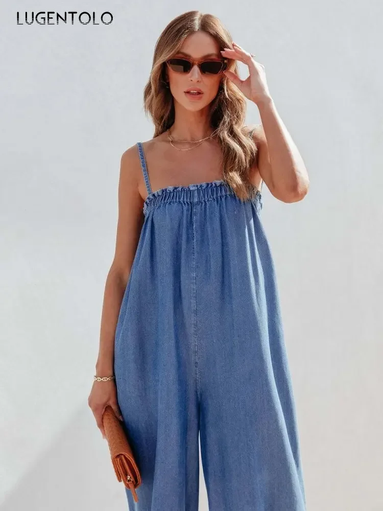 Sexy Denim Jumpsuit Women Suspenders High Waist Summer Stretch Sleeveless Lady Elegant Loose Cropped Casual Wide-leg Pants