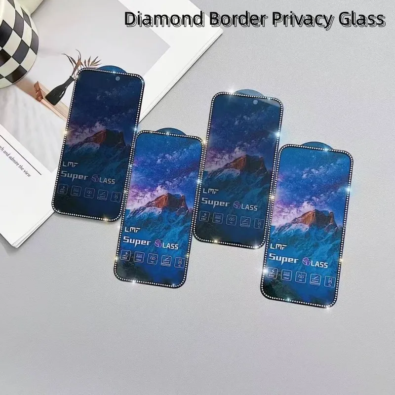 Luxury Diamond Edged Tempered Glass For iPhone 15 14 13 Pro Max Full Cover Screen Privacy Glass For iPhone 13 12 11 X XR XS Max