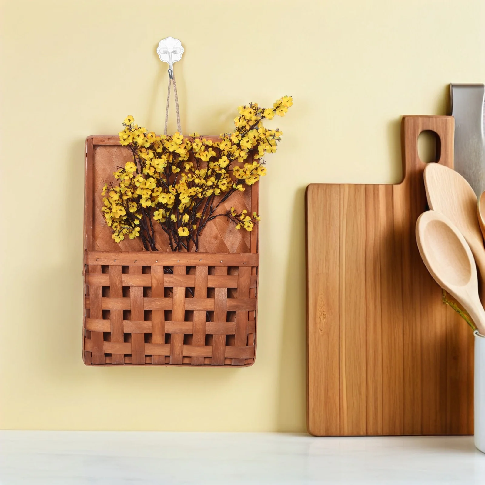 

Indoor Wooden Hanging Basket 14.15X10.61'' Handwoven Wall Storage Organizer For Fruits Vegetables Home Decor Living Room