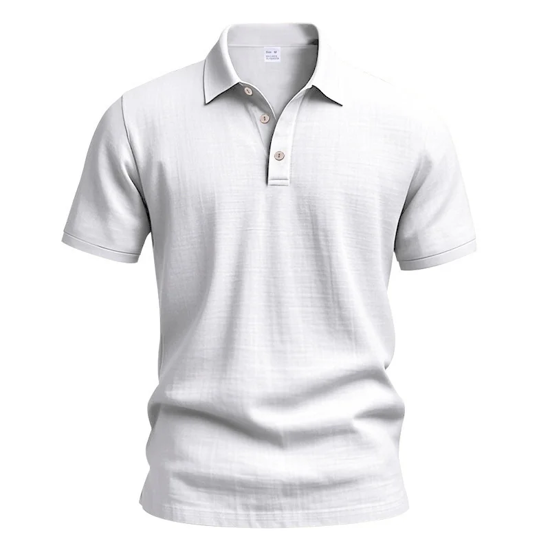 Hochwertiges Leinen-Poloshirt mit kurzen Ärmeln für Herren, lässig, locker, bequem, Sommer-T-Shirt mit Knopfverschluss und Umlegekragen. – Detail 4