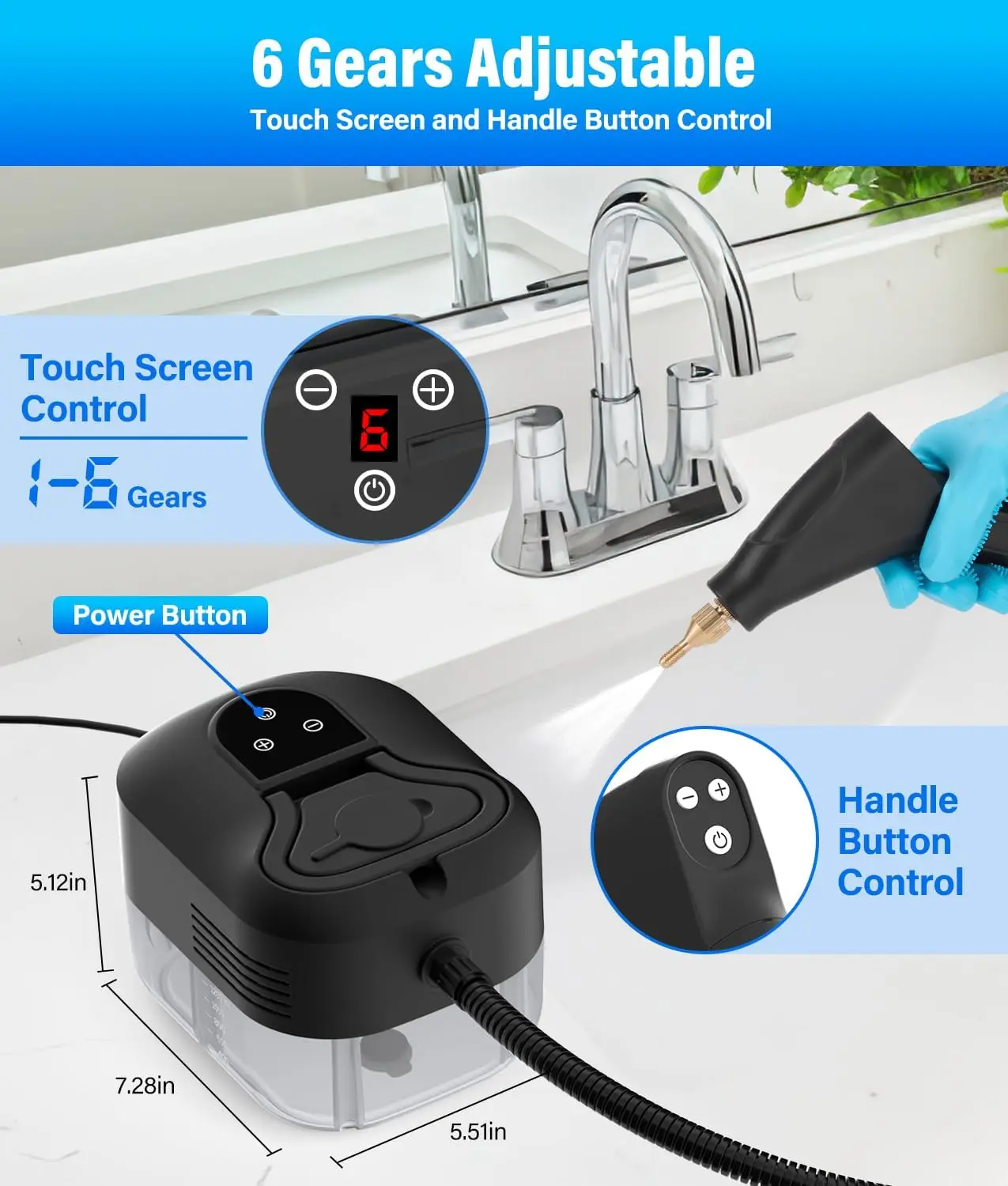 Limpiador a vapor 2500W, depósito de 1,2 L, calentamiento de 15 segundos, portátil con 16 accesorios