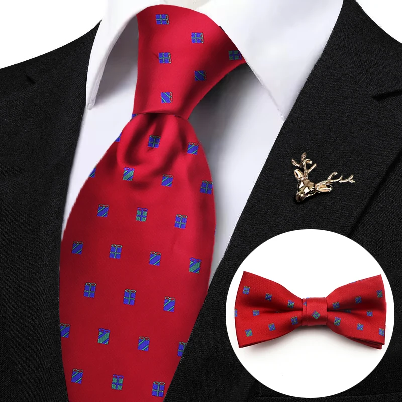 New Men's Christmas Tree Snowflak Pattern Neckties Bowties Deer Brooches Set For Business Wedding Party Shirt Accessories Gifts