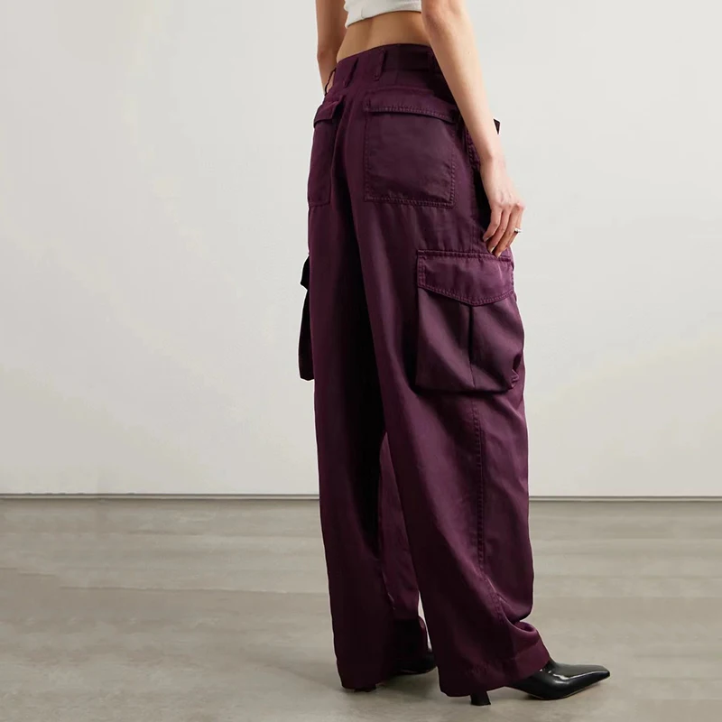 Women's Pocket Work Pants,Fashionable Versatile Wide Leg Pants,High Quality Silk Trousers,Y2K,2024,Summer,new