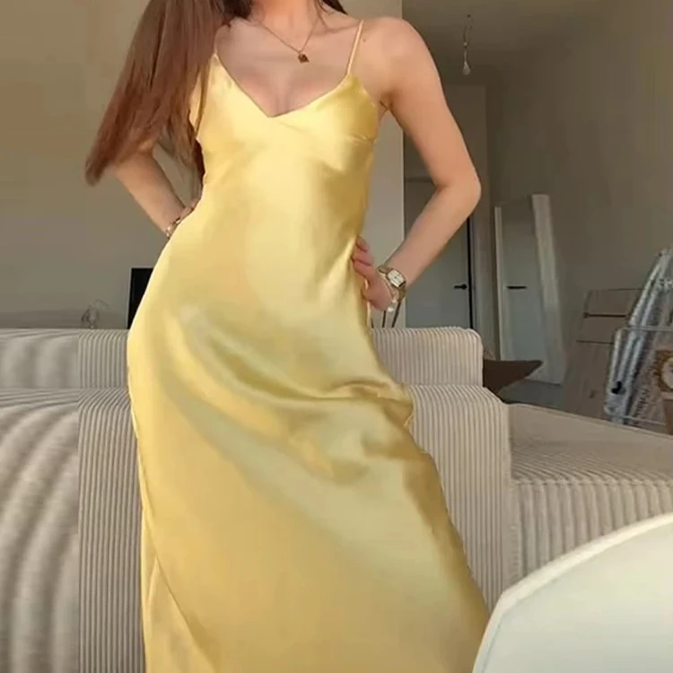 ผู้หญิงฤดูร้อนคราบสีเหลือง V คอชุดสลิง Elegant หลวม Maxi Robes 2025 ใหม่สุภาพสตรี Holiday Dresses