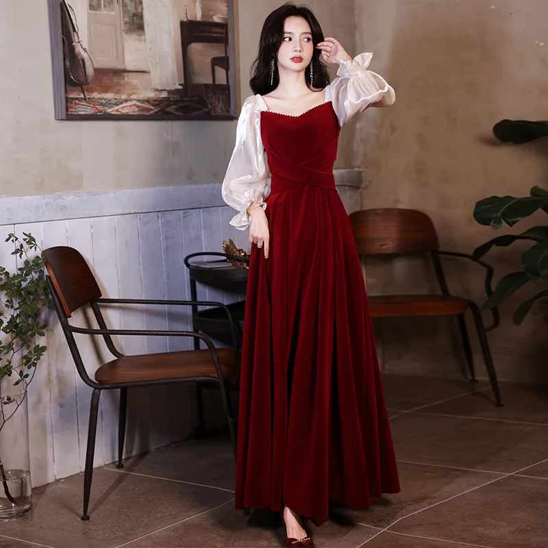 

Burgundy Velvet Long Sleeved Evening Dress Women's Elegant Patchwork Square Collar Prom Gowns Light Luxury Wedding Party Dresses