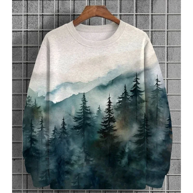 Men\'s Forest Tree Pattern Hoodie Mountain Plant 3D Printed Pullover Autumn Street Long Sleeve Round Neck Loose Sweater Fashion