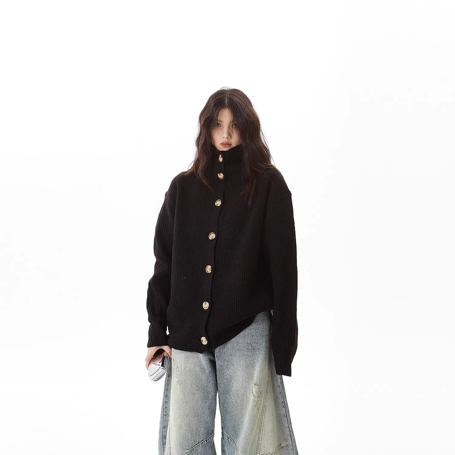 

Открытый кардиган с высоким воротником в американском стиле ретро, свитер для мужчин и женщин, осень-зима, новая свободная вязаная верхняя одежда высокого класса, модная