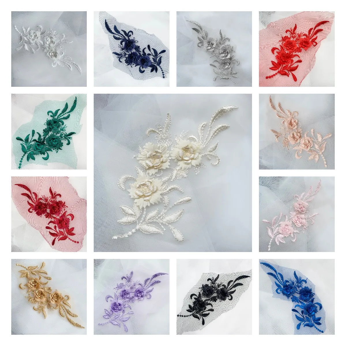 

Applique Medallions Colorful 3D Flower Mesh Embroidery Lace Flowers In Pair Appliqué For Wedding Accessories