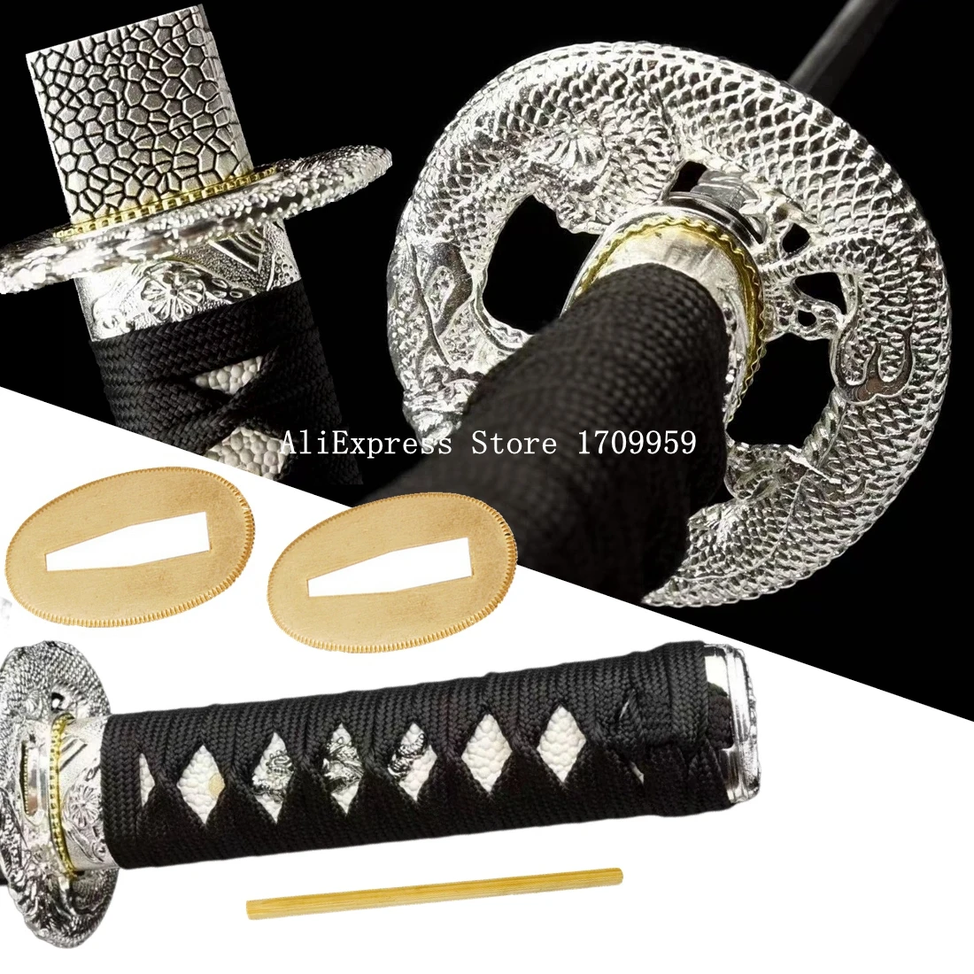 15cm lidar com tsuka japonês samurai espada curta tanto katana totalmente acessórios conjunto dragão tsuba + menuki + fuchi + kashira + habaki + seppa