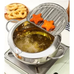 20 cm Cooking Tool 304 Stainless Steel 2 Handles 2.2L With Thermometer and Lid Tempura Fryer Pan Deep Frying Pot