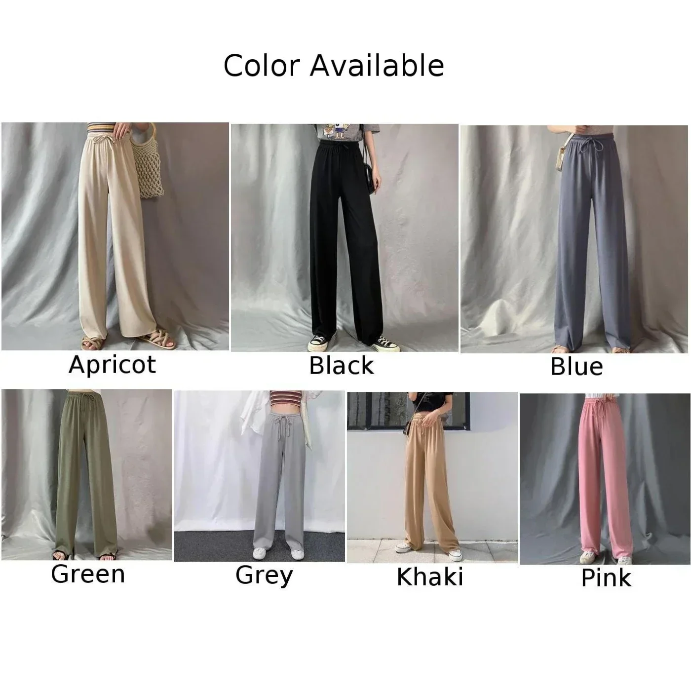 Women\'s Ice Silk Pants Cool Sports Pants Thin Pleats Loose Straight Drawstring