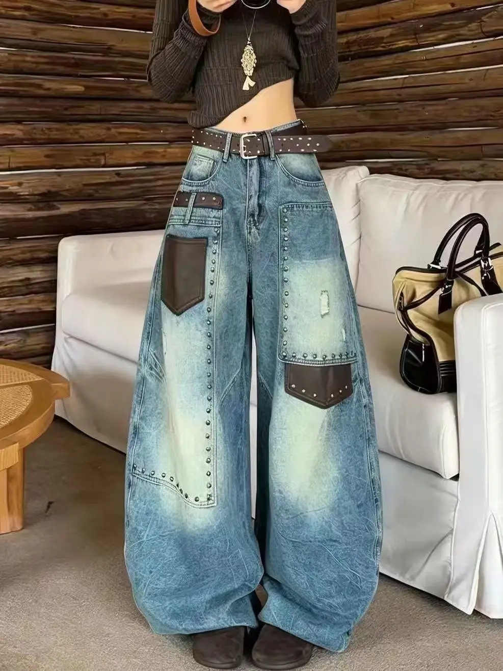 Autumn Winter Women's Baggy Jean Designer Spliced Denim Pants Y2K Japanese American Retro Grunge Long Trouser High Street Boyfri