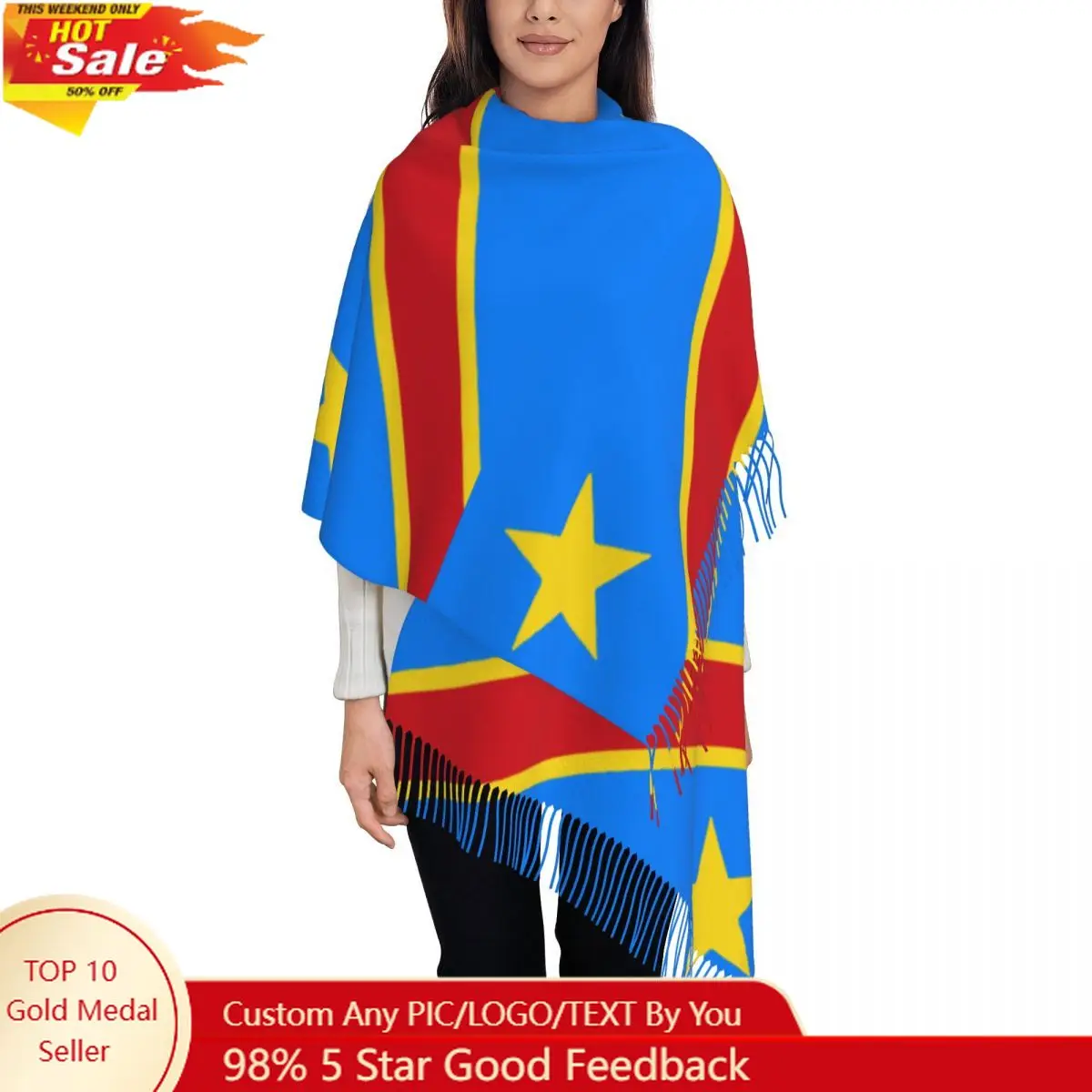 

Flag Of Congo Kinshasa Zaire Scarf for Women Warm Winter Shawl Wrap Long Scarves with Tassel for Ladies