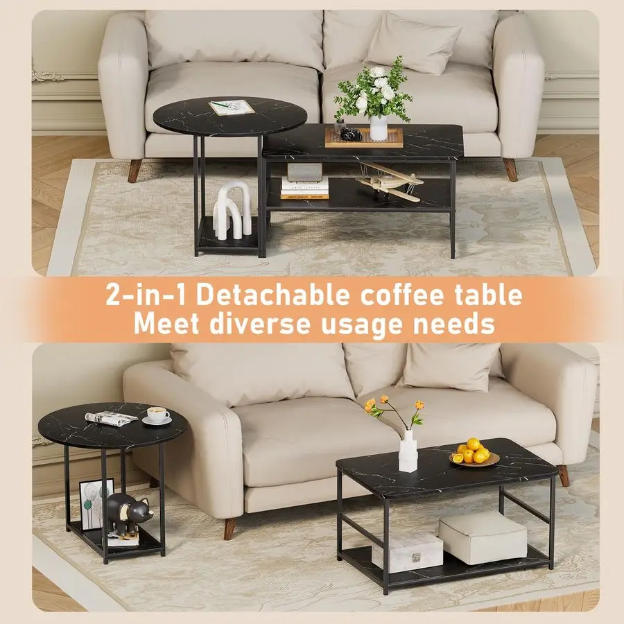 Coffee Table, Black Modern Coffee Tables for Living Room 2 in 1Detachable Small Center Table Set with Storage, Black Marble