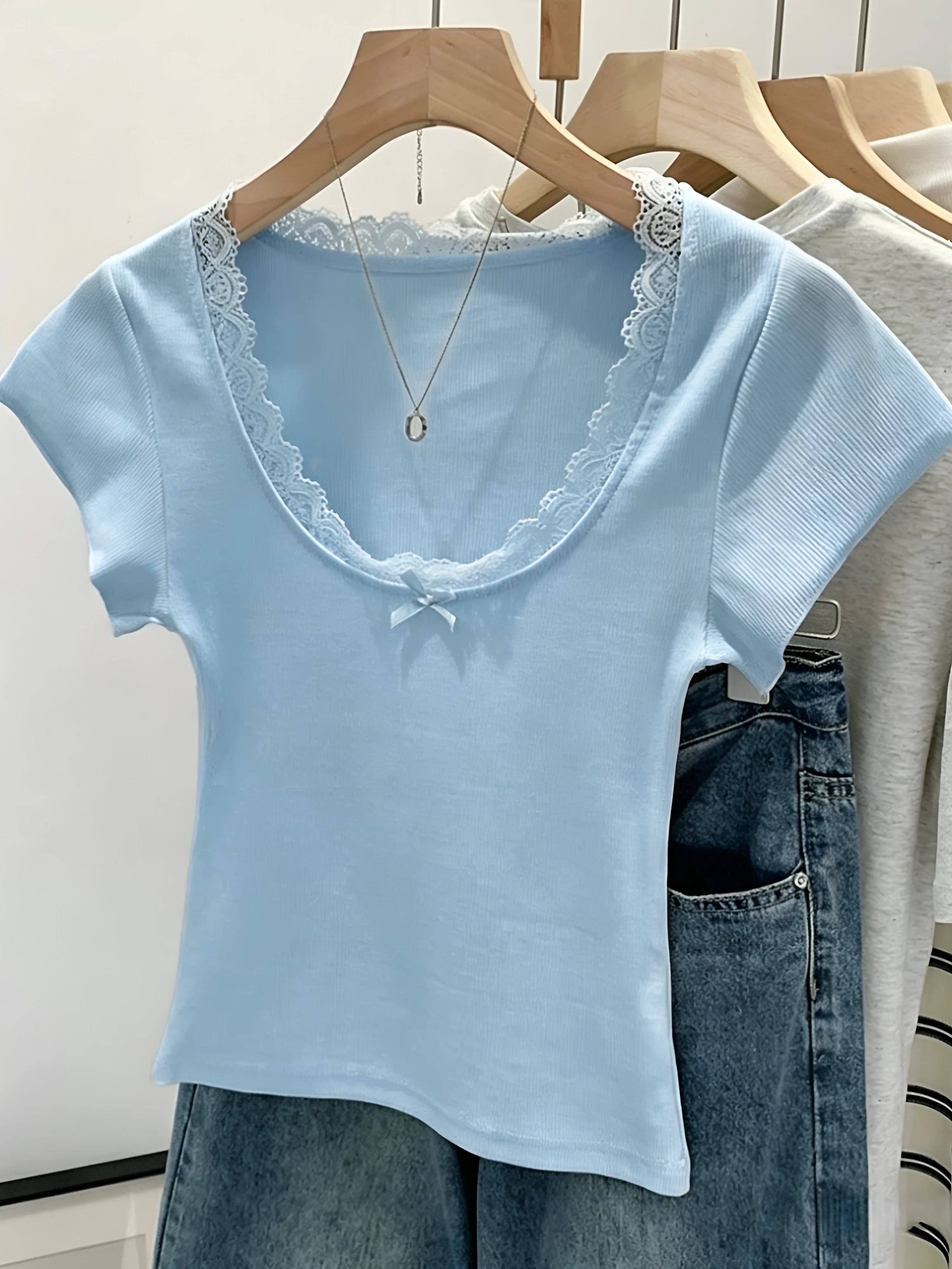 Slim Fit Short Sleeve T-Shirt Women's New Style Summer Large Size Fat MM Short Shoulder Sexy Girl Top Lace  Knot Cot...