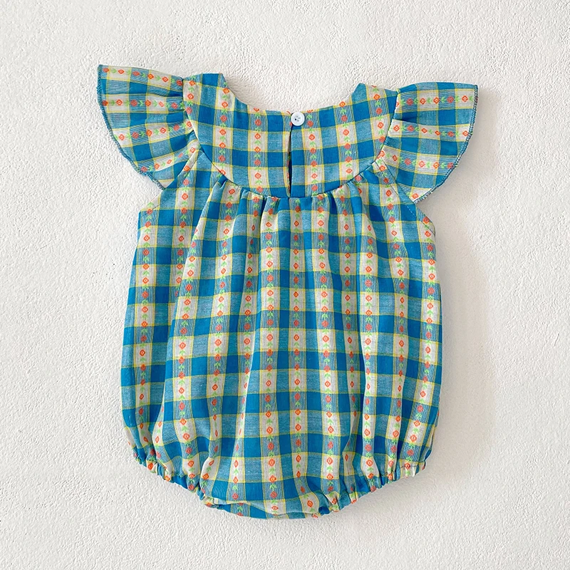 ملابس صيفية للأطفال البنات رومبير مطرز لحديثي الولادة شبكة زرقاء من القطن بأكمام طائرة ملابس أطفال من عمر 0 إلى 24 شهرًا ملابس بناتي #3