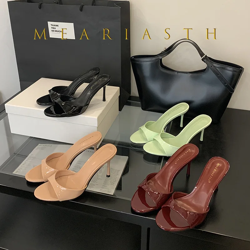 

Wine Red Patent Leather Women Slippers Sandals Fashion Round Open Toe Thin High Heels Mules Slides Summer Party Dress Shoes