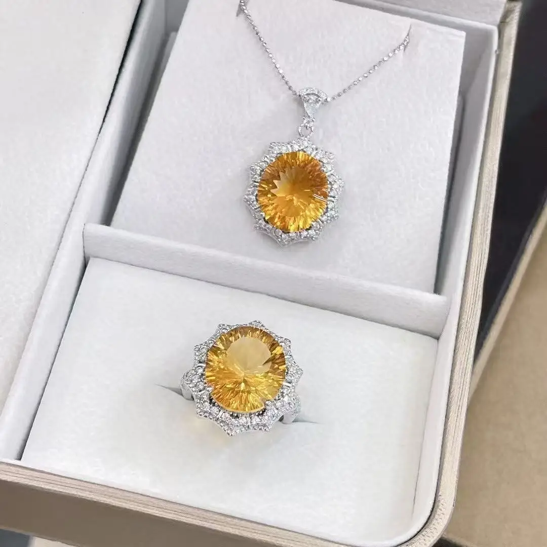 

Natural Citrine Jewelry Set 14x16mm with Silver Chains, S925 Sterling Silver White Gold Plated