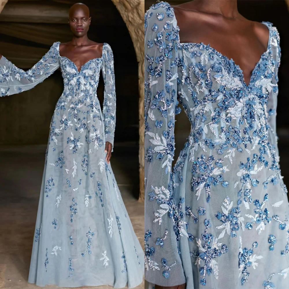 Customized Formal Chiffon V-Neck Evening Dress Exquisite Long Sleeves Prom Dresses Delicate Sequined Special Occasion Gowns