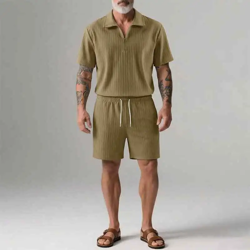 High-quality Fashionable and Stylish Casual Trendy New American Short-sleeved Short Pants Set with A Double Collar for Men