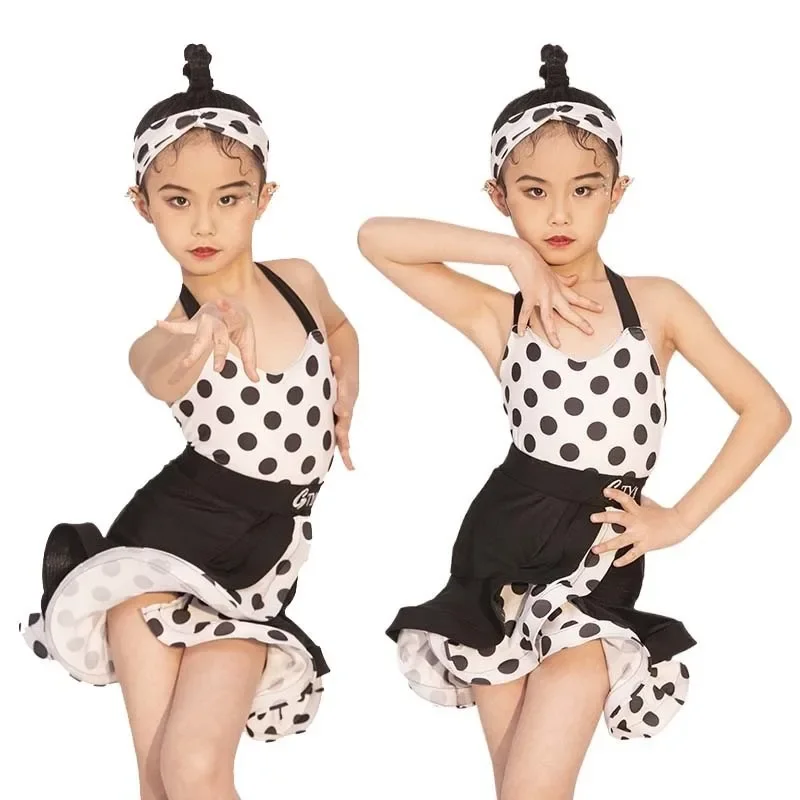 女の子子供サンバサルサチャチャルンバタンゴ服子供競技社交ドレス水玉ラテンアメリカダンスドレス