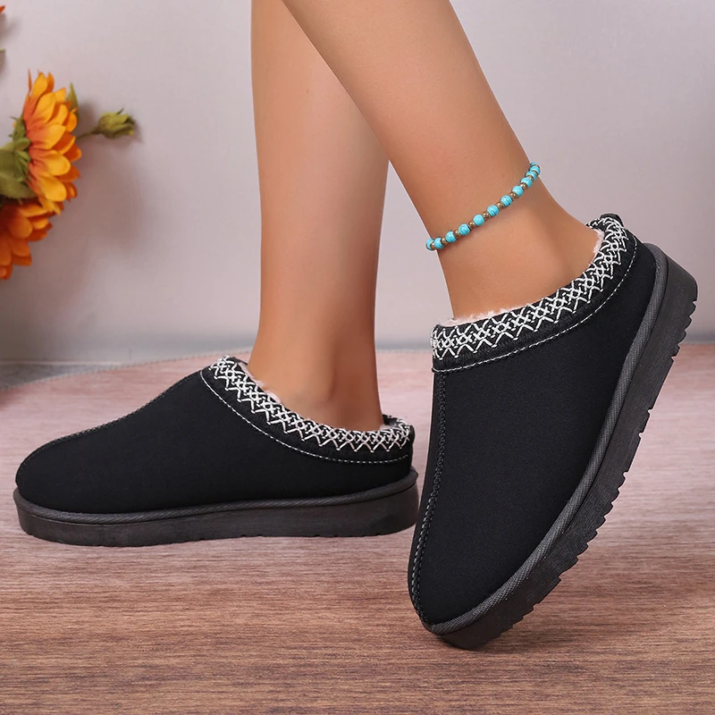 Snow Boots Women Winter New Cashmere Warm Thick Soles Without Heel-covered Hair Half Slipper Cotton Shoes Cashmere Warm Boots