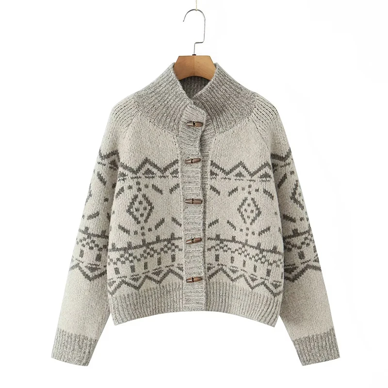 

YENKYE New Women Single Breasted Jacquard Knitted Cardigan Outerwear High Neck Long Sleeve Loose Autumn Winter Coat