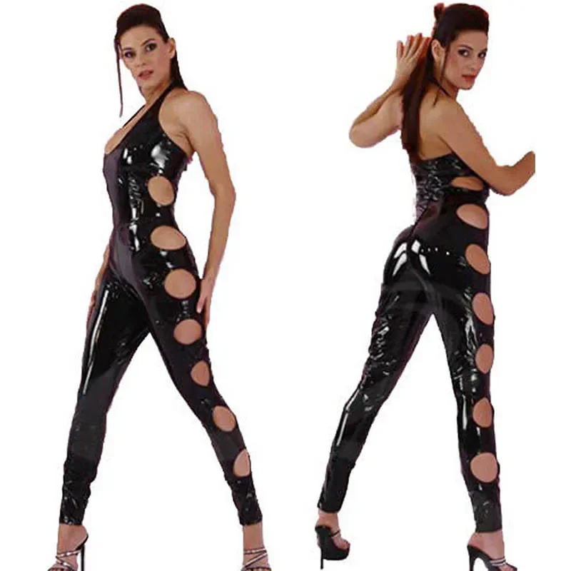 Sexy Wet Look Side Cut Out Night Club Bodycon Catsuit Faux Leather Jumpsuit For Women Full Bodysuit Black Long Backless Overalls