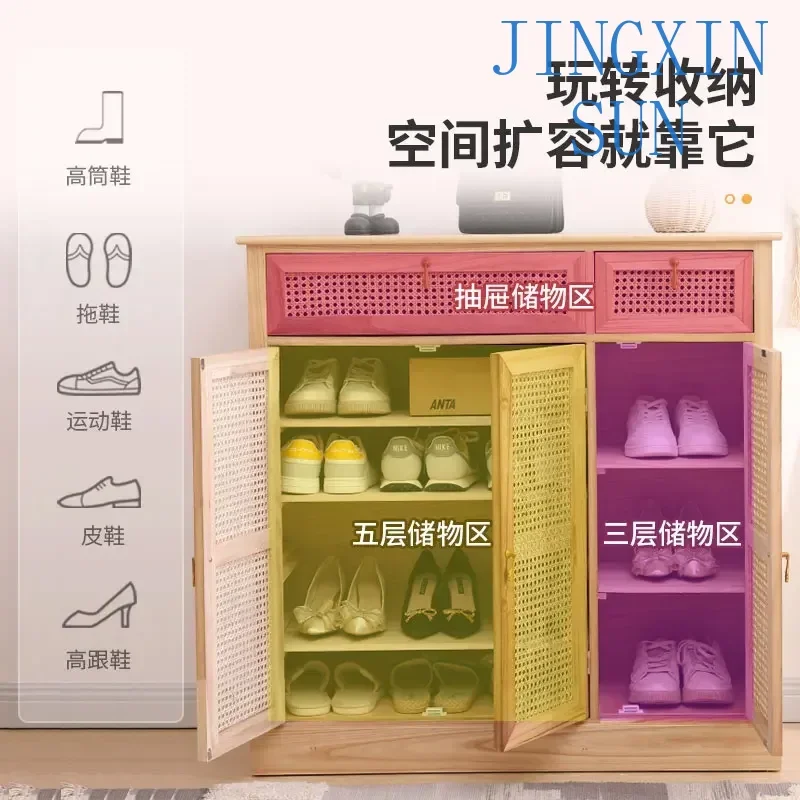 Vine woven shoe cabinet for household use with door storage, small size, hallway, and large capacity