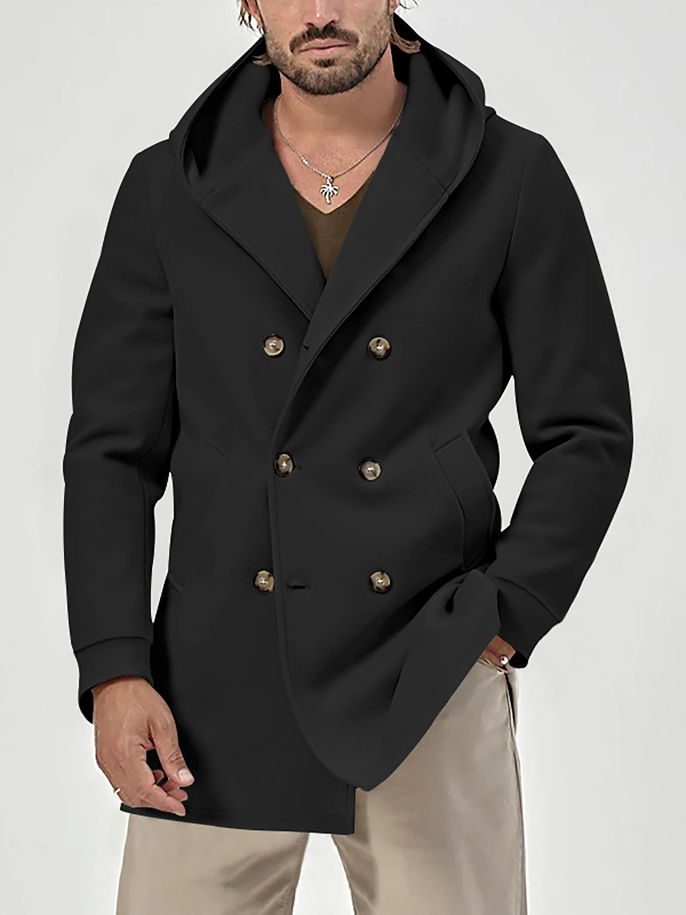 

Мужская ветровка средней длины с капюшоном, повседневный дизайн, осенне-зимняя верхняя одежда, полиэфирная ткань, стиль спереди на пуговицах