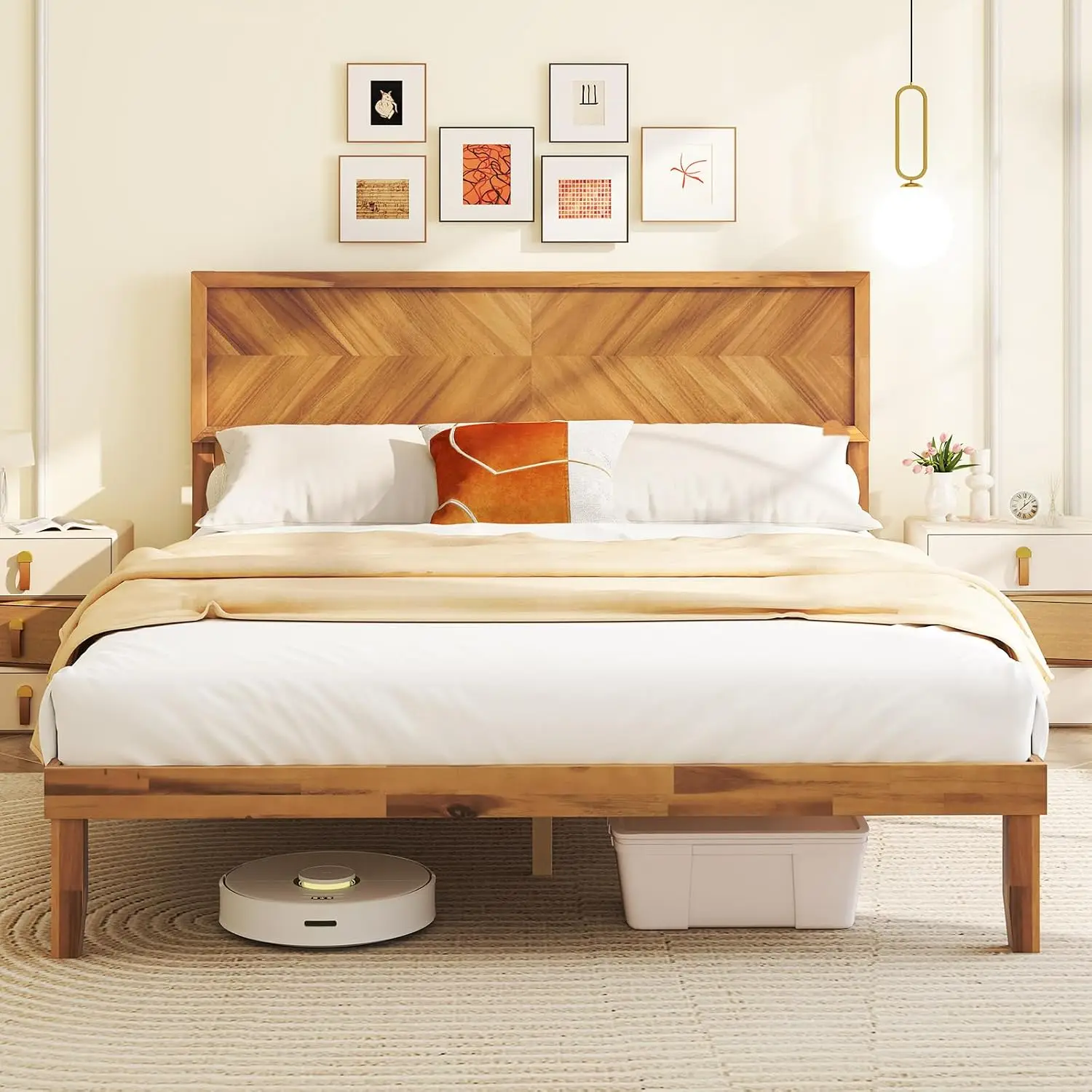 Wood Queen Bed Frame with Headboard, Solid Acacia Wood Platform Bed with 12 Strong Wooden Slat Support,, Customized