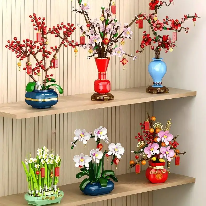 

OUZEY Chinese New Year Flower Basket Building Blocks, 14+ DIY Assembly Auspicious Fruit Model, Festive Home Desk Decor Gift