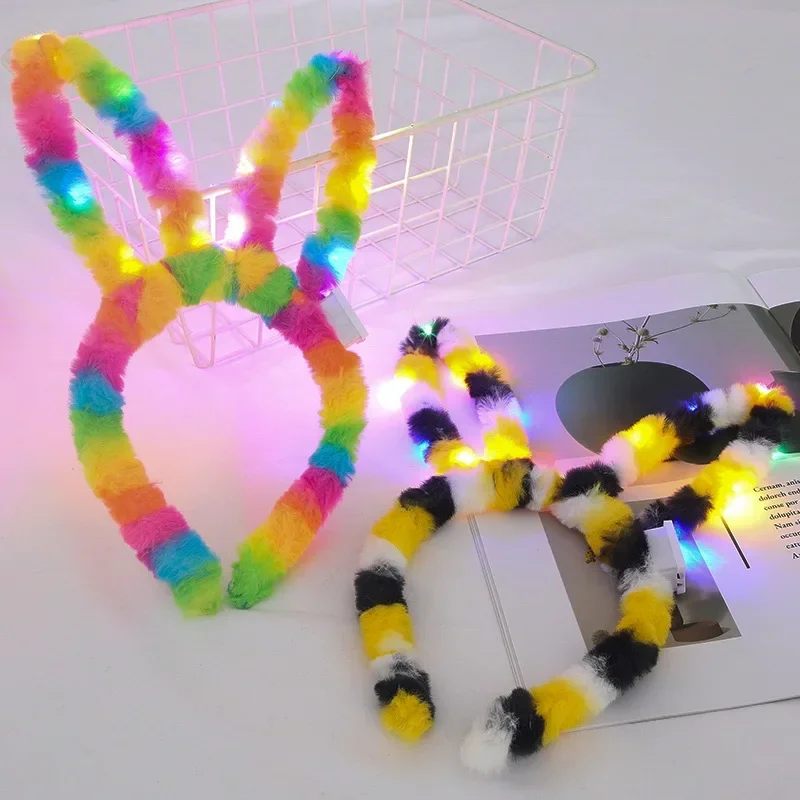 Plush Rabbit Cat Ears Colorful Luminous LED Hair Hoop Light Up  Flash Headdress Party Birthday Decor  Wedding Festival