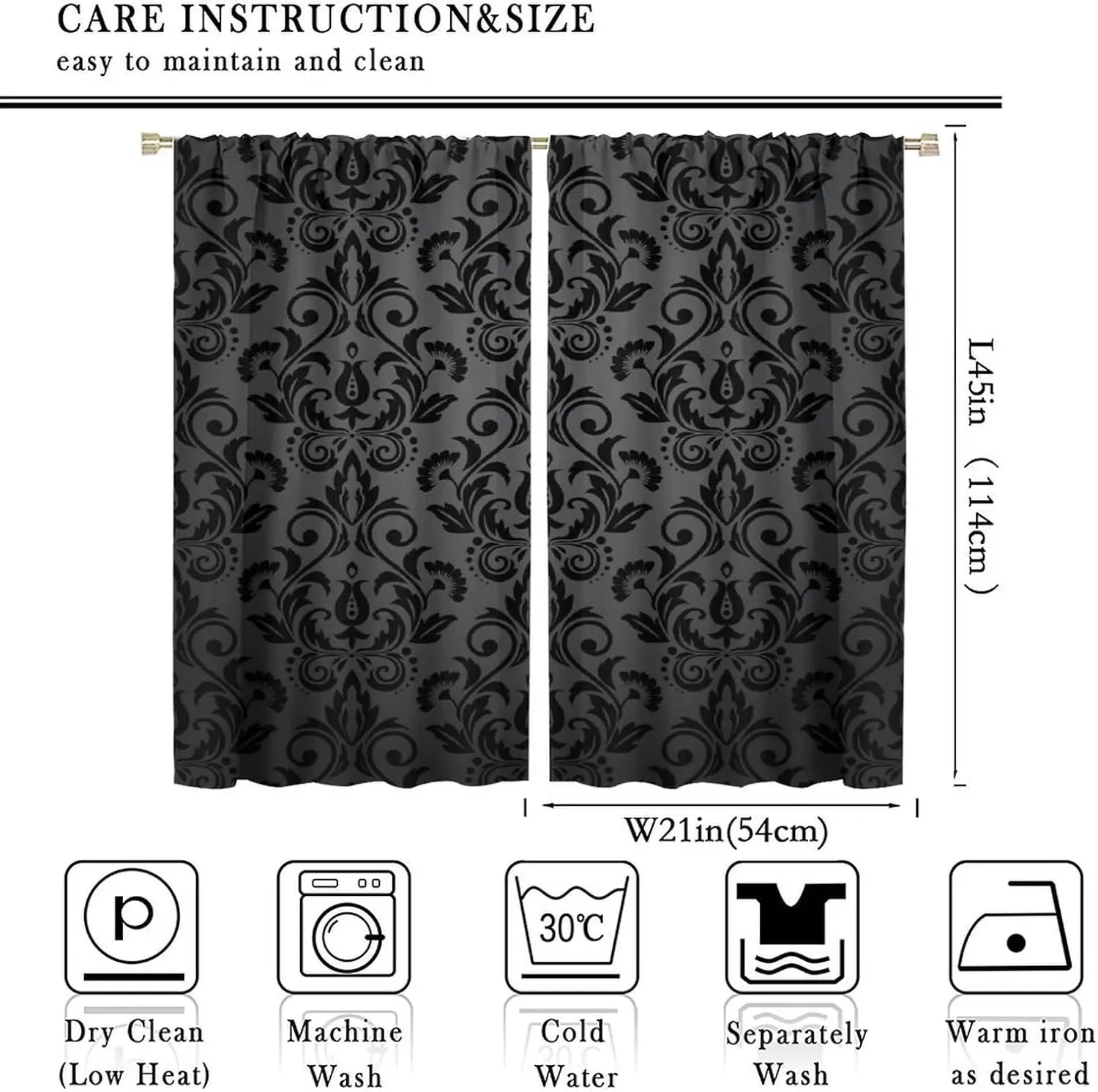 Black Damask Curtains, Antique Victorian Style Gothic Vintage Black Floral Window Drapes Bohemian Exotic Rod Pocket Window
