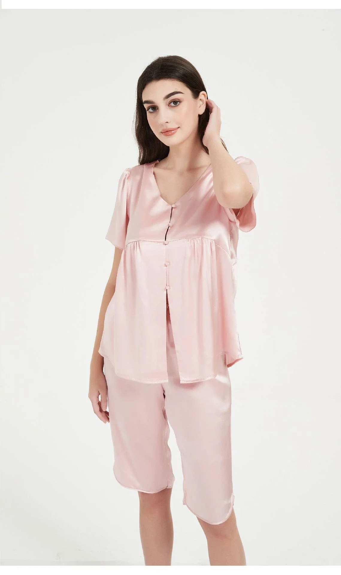 طقم بيجامة حريرية مكون من قطعتين للسيدات 100% ملابس صيفية من حرير التوت PJ برقبة على شكل حرف V وأزرار أمامية وأكمام قصيرة وسروال متوسط الفخذ #6