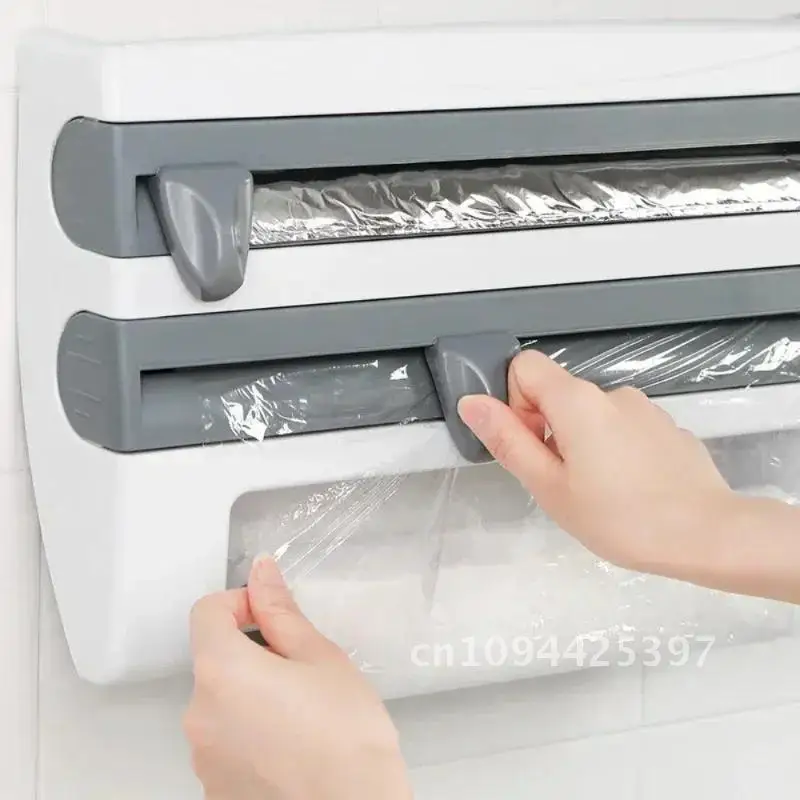 Kitchen Cling Film Tissue Holder Sliding Knife Cutter Aluminum Foil Barbecue Paper Cutting Box Household Towel Storage Racks